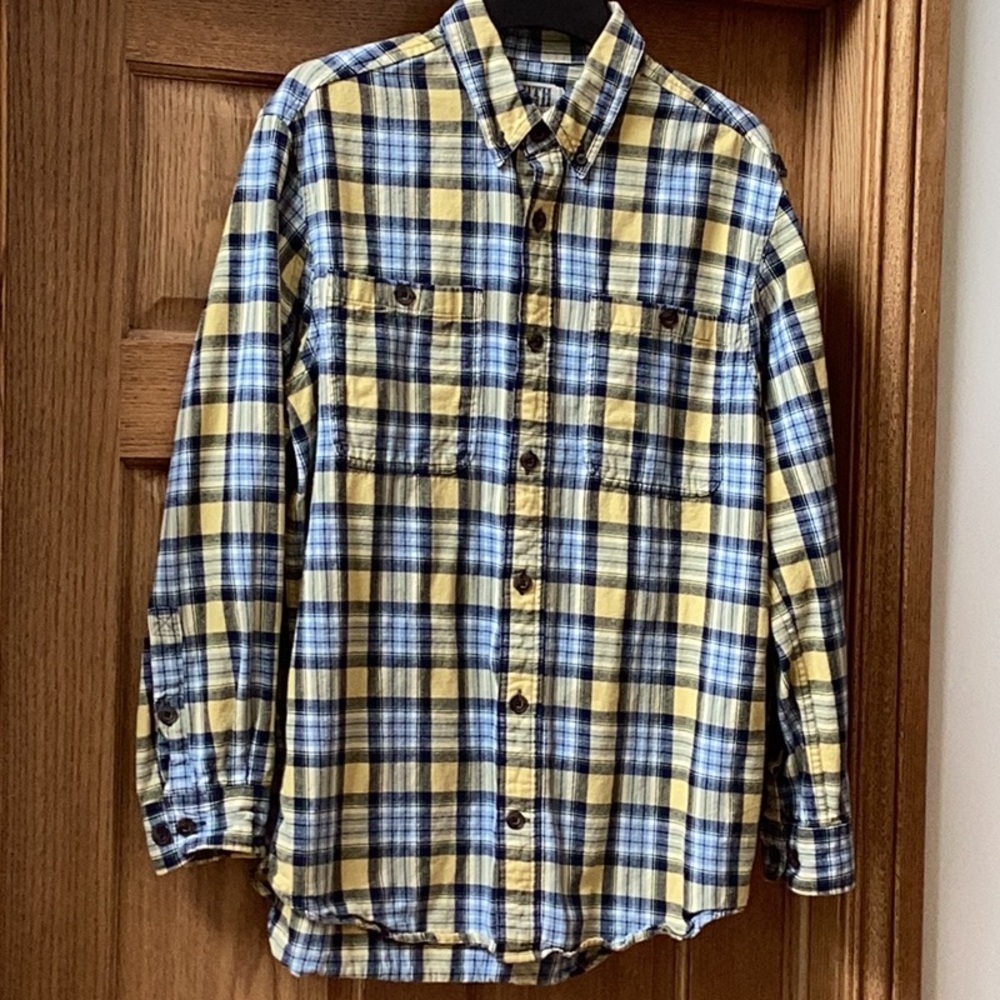 Duluth Trading Co. trim fit yellow and blue flannel button down shirt. Men’s L
